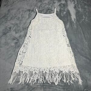 Women's Sleeveless Lace Mini Dress with Fringe Hem Size XXS Boho Bridal Grad